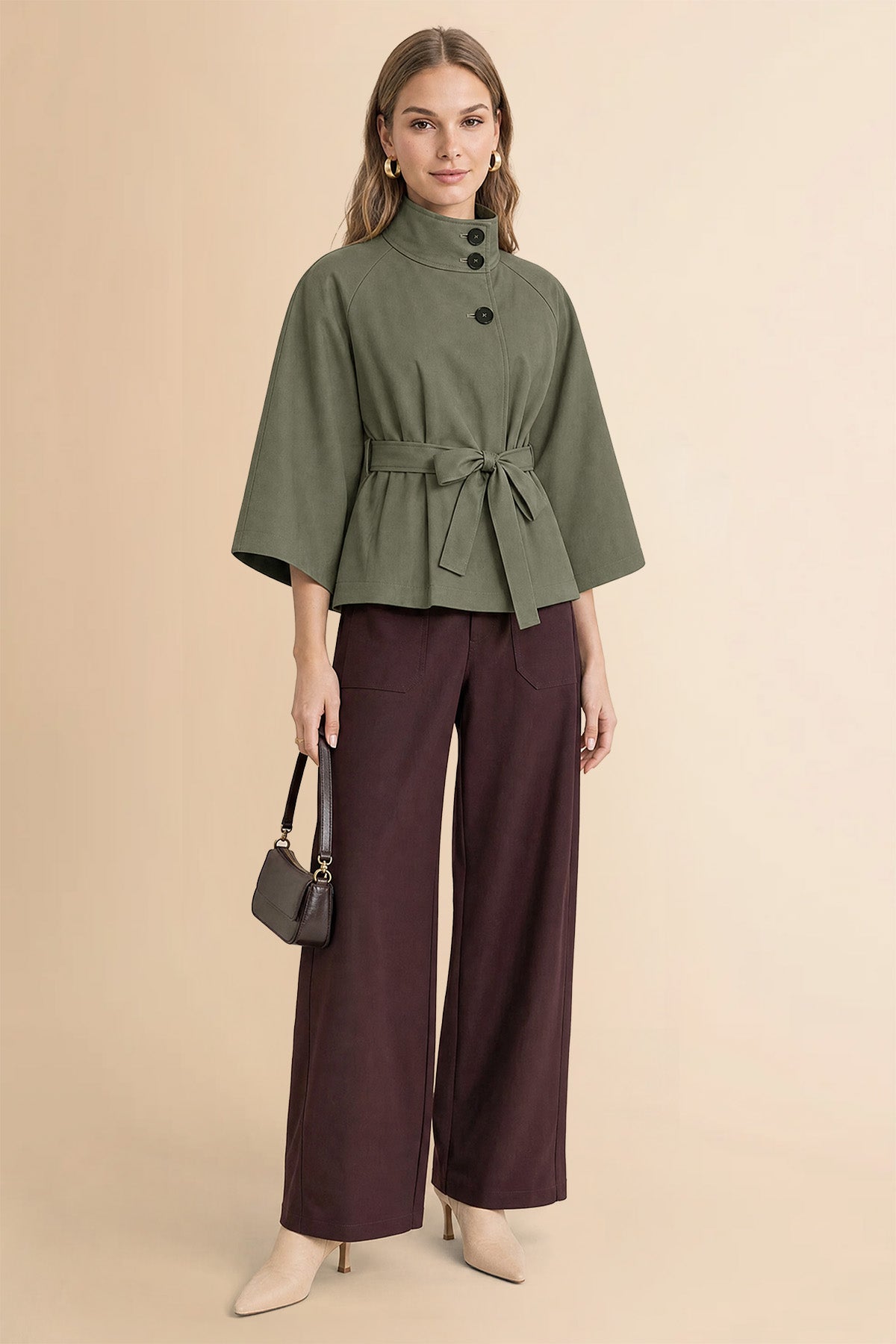 Womens Army Green Cropped Trench Coat | CicyBell