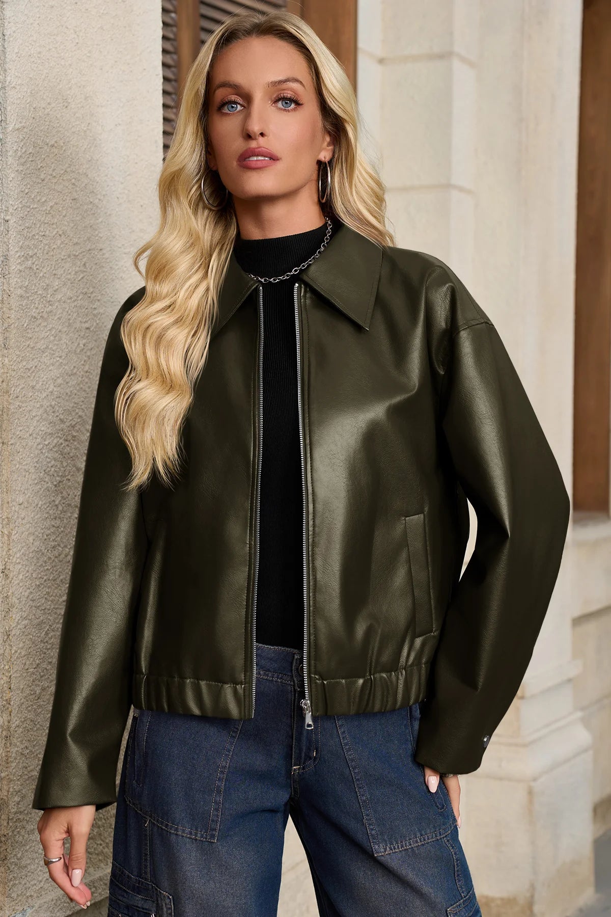 Cicy Bell Womens Army Green Faux Leather Jacket
