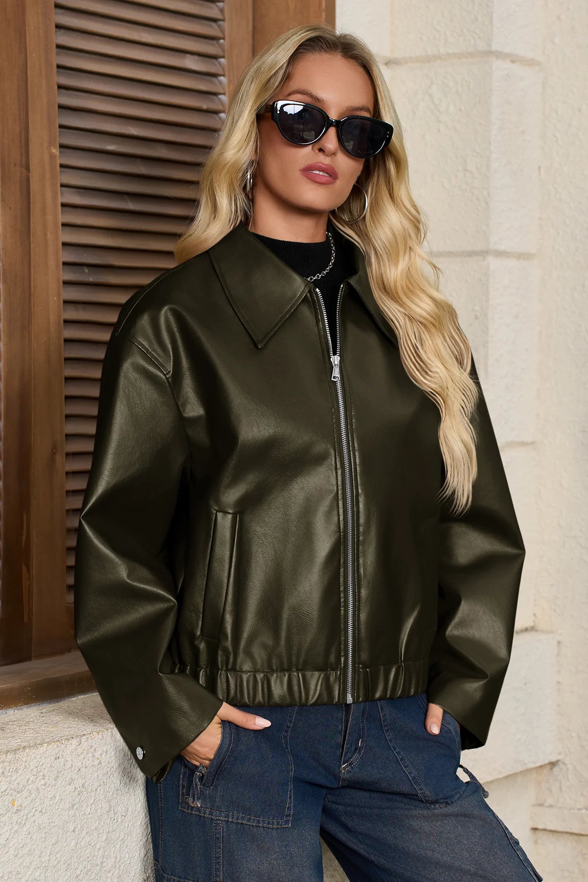 Cicy Bell Womens Army Green Faux Leather Jacket