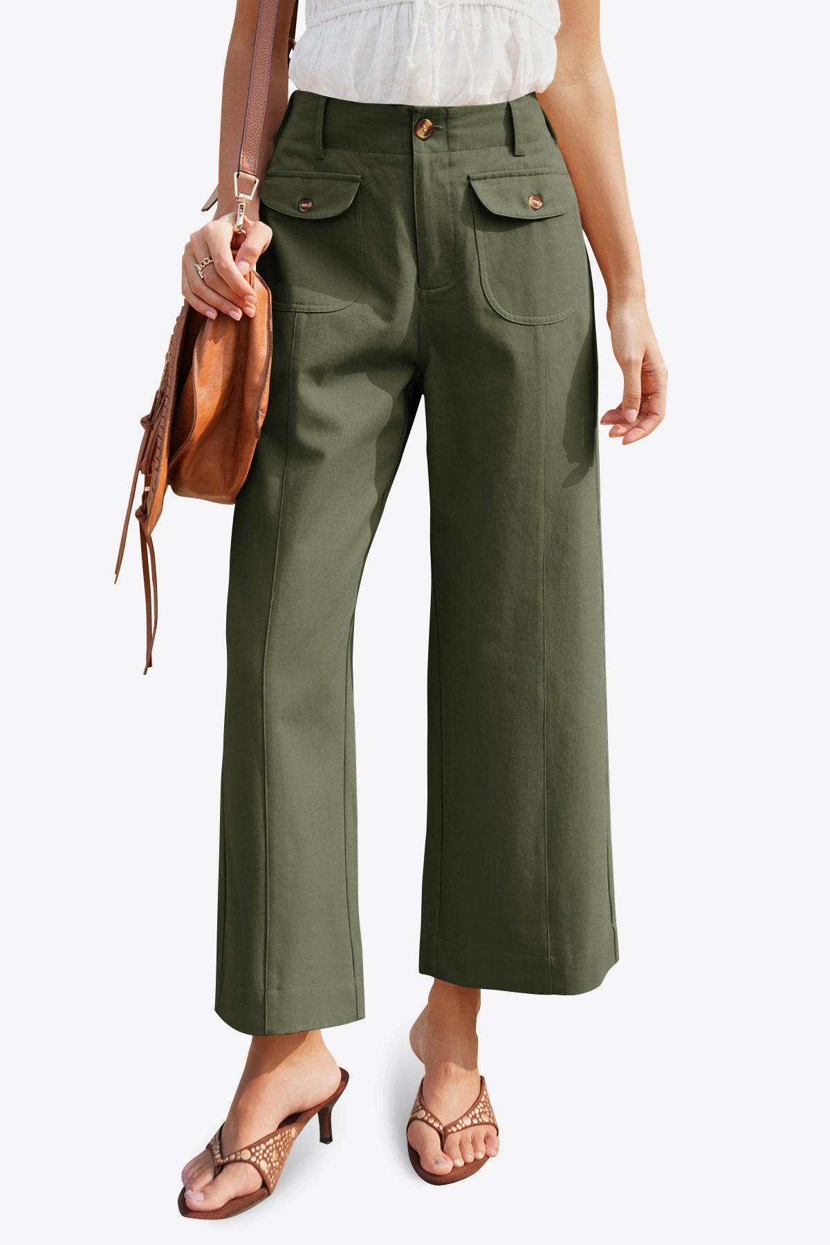 Womens Army Green Cropped Wide Leg Pants | CicyBell