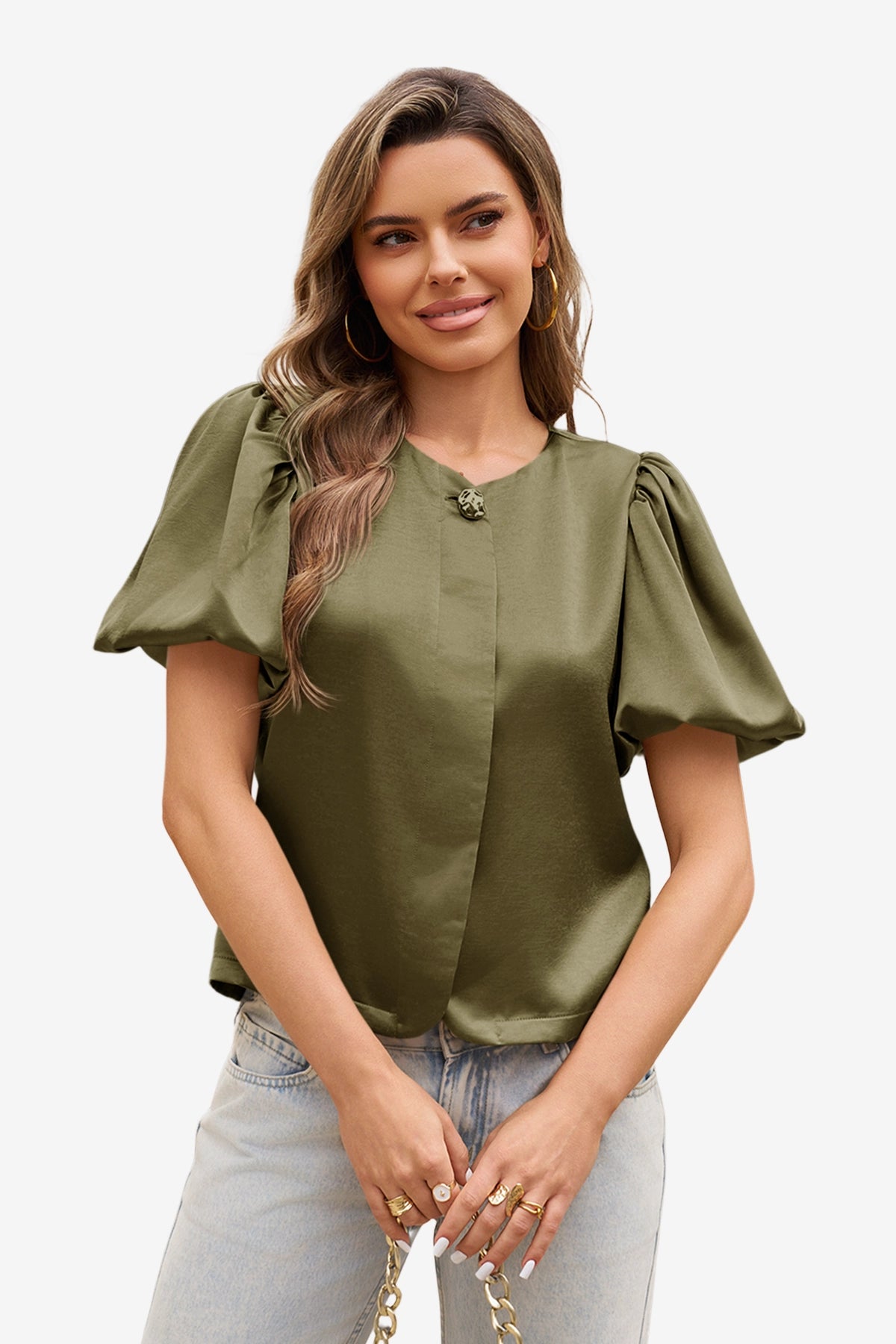 Womens Army Green Silk Satin Button Down Shirts | CicyBell