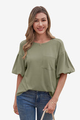 Womens Army Green Puff Short Sleeve T-Shirts| CicyBell