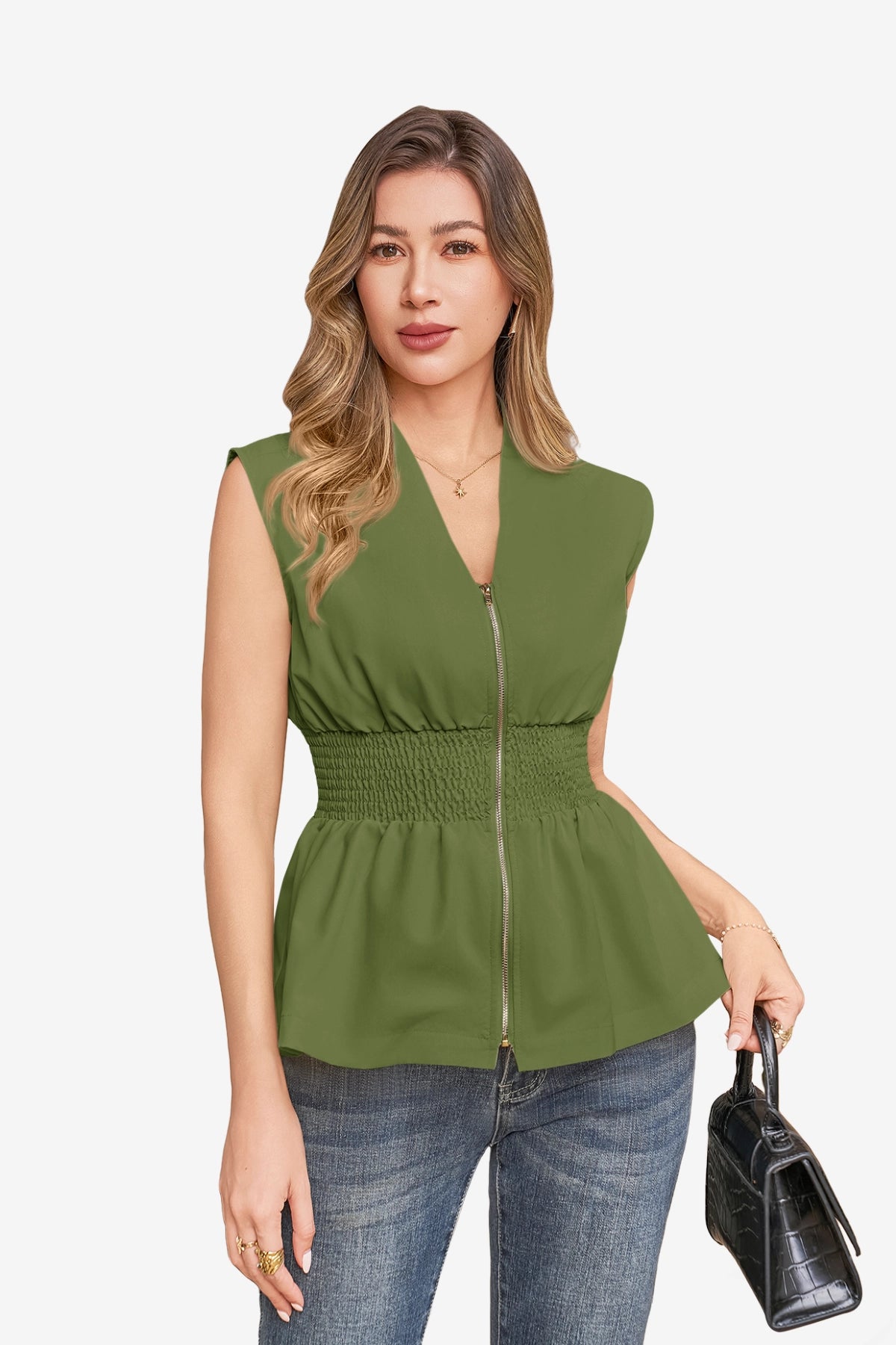 Womens Army Green Summer V Neck Tank Tops | CicyBell