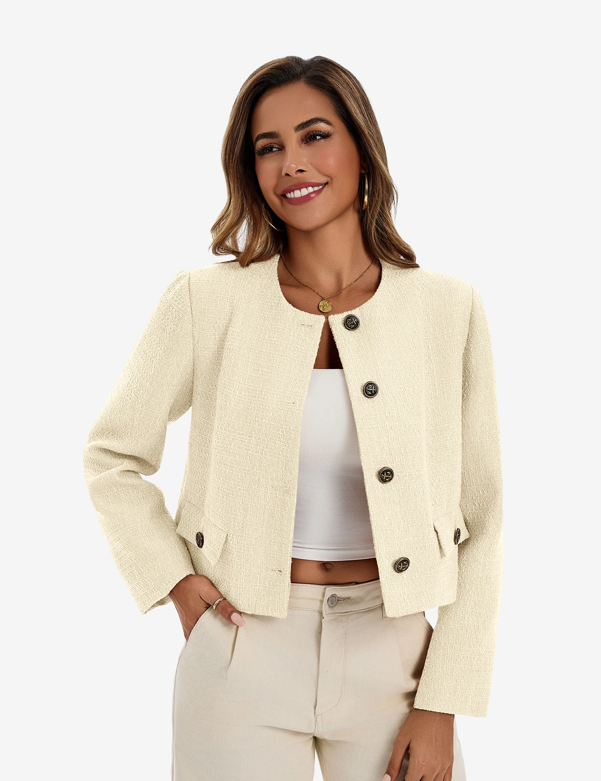 Cicy Bell Women's Cropped Tweed Blazer featuring a chic collarless design and signature gold-tone metal buttons. This structured "Quiet Luxury" jacket hits at the waist to highlight proportions, perfect for pairing with high-waisted denim.