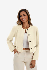 Cicy Bell Women's Cropped Tweed Blazer featuring a chic collarless design and signature gold-tone metal buttons. This structured "Quiet Luxury" jacket hits at the waist to highlight proportions, perfect for pairing with high-waisted denim.