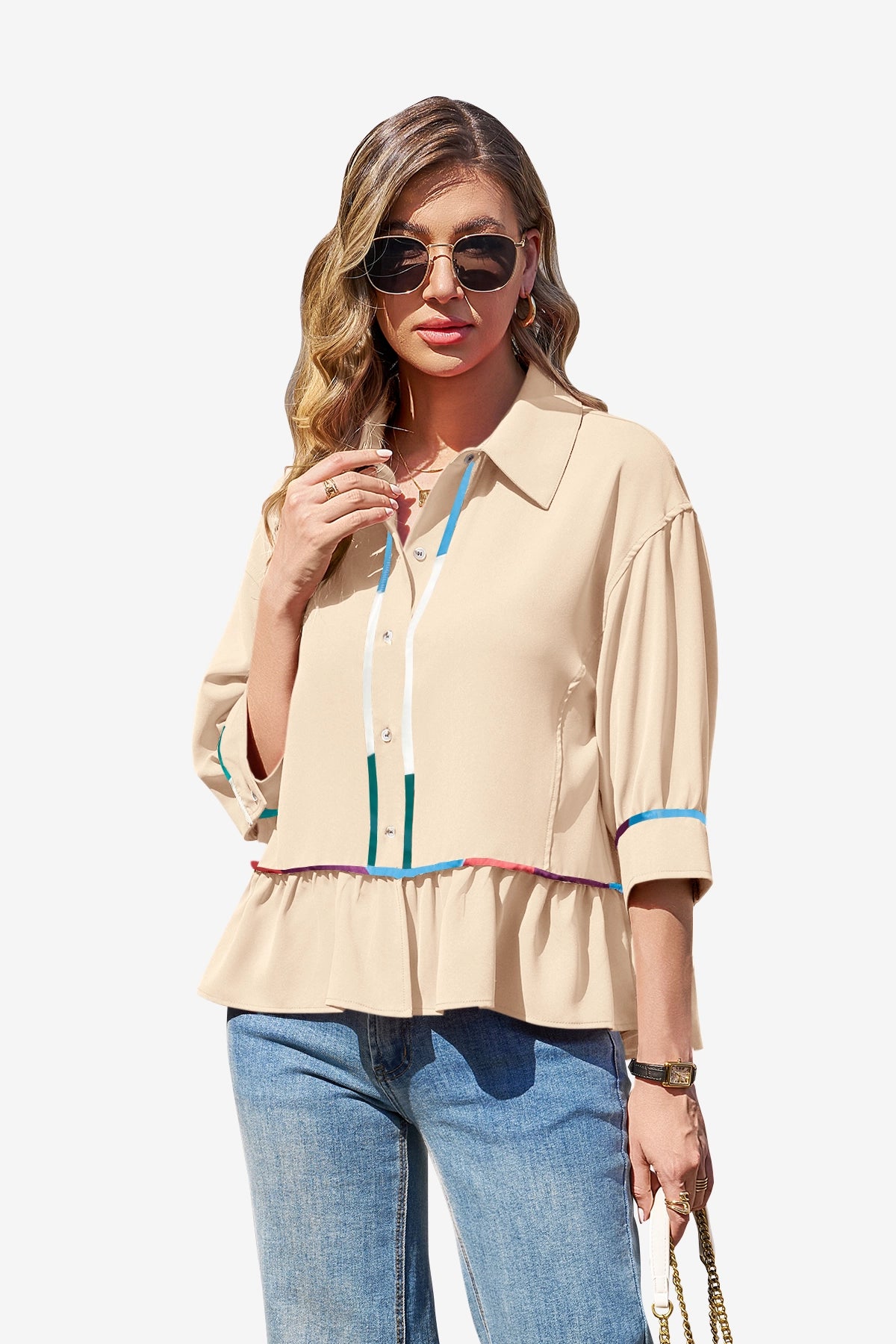 Womens Beige Summer Button Down Blouses | CicyBell