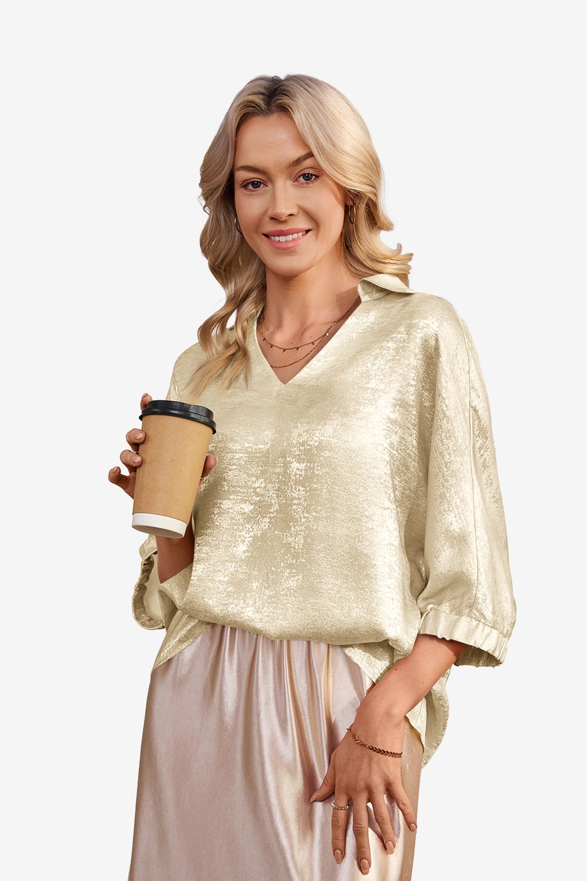 Womens Beige Metallic 3/4 Sleeve | CicyBell