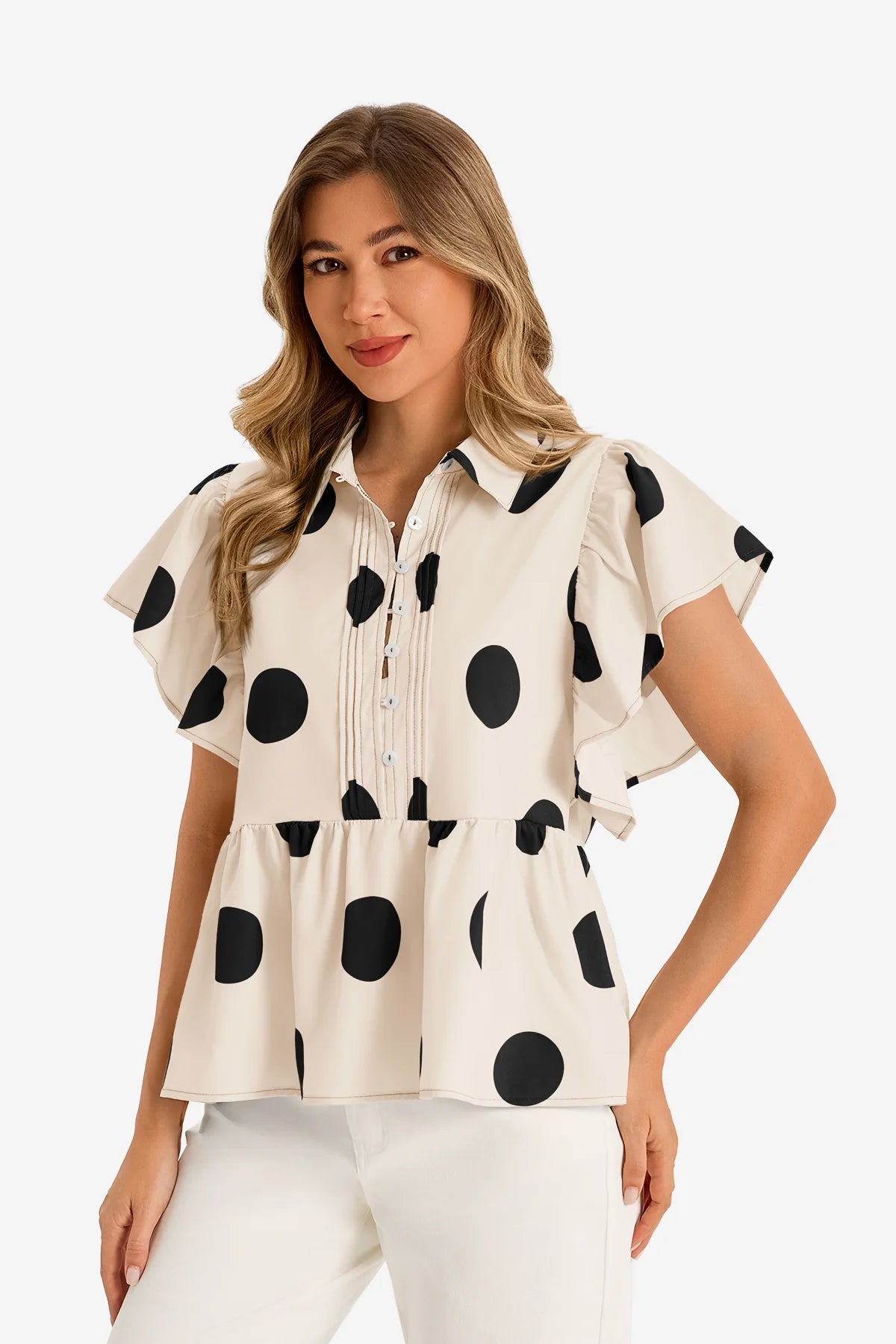 Womens Beige Polka Dot Babydoll Tops | CicyBell
