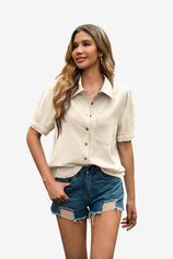 Womens Beige Puff Short Sleeve Shirts | CicyBell