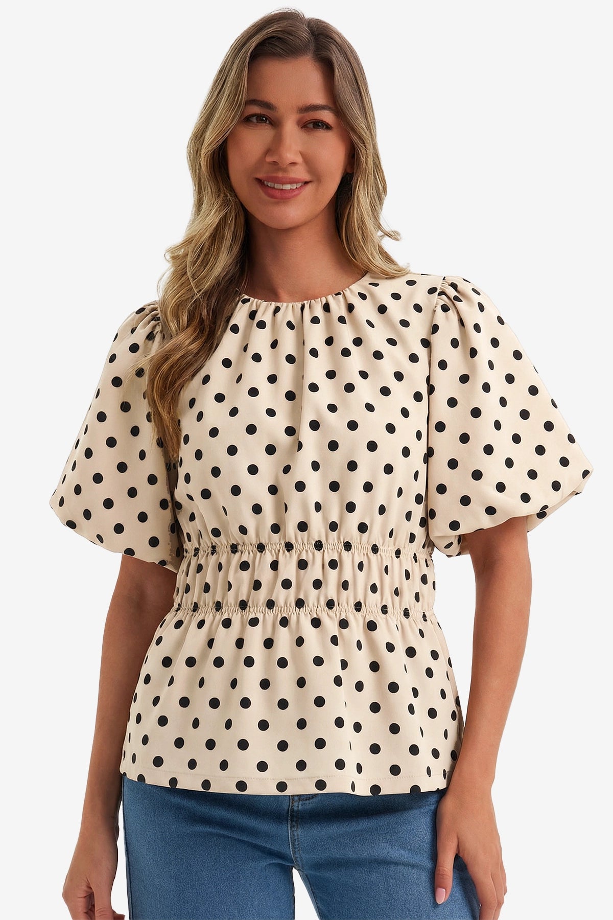 Womens Beige Polka Dots Peplum Blouses  | CicyBell