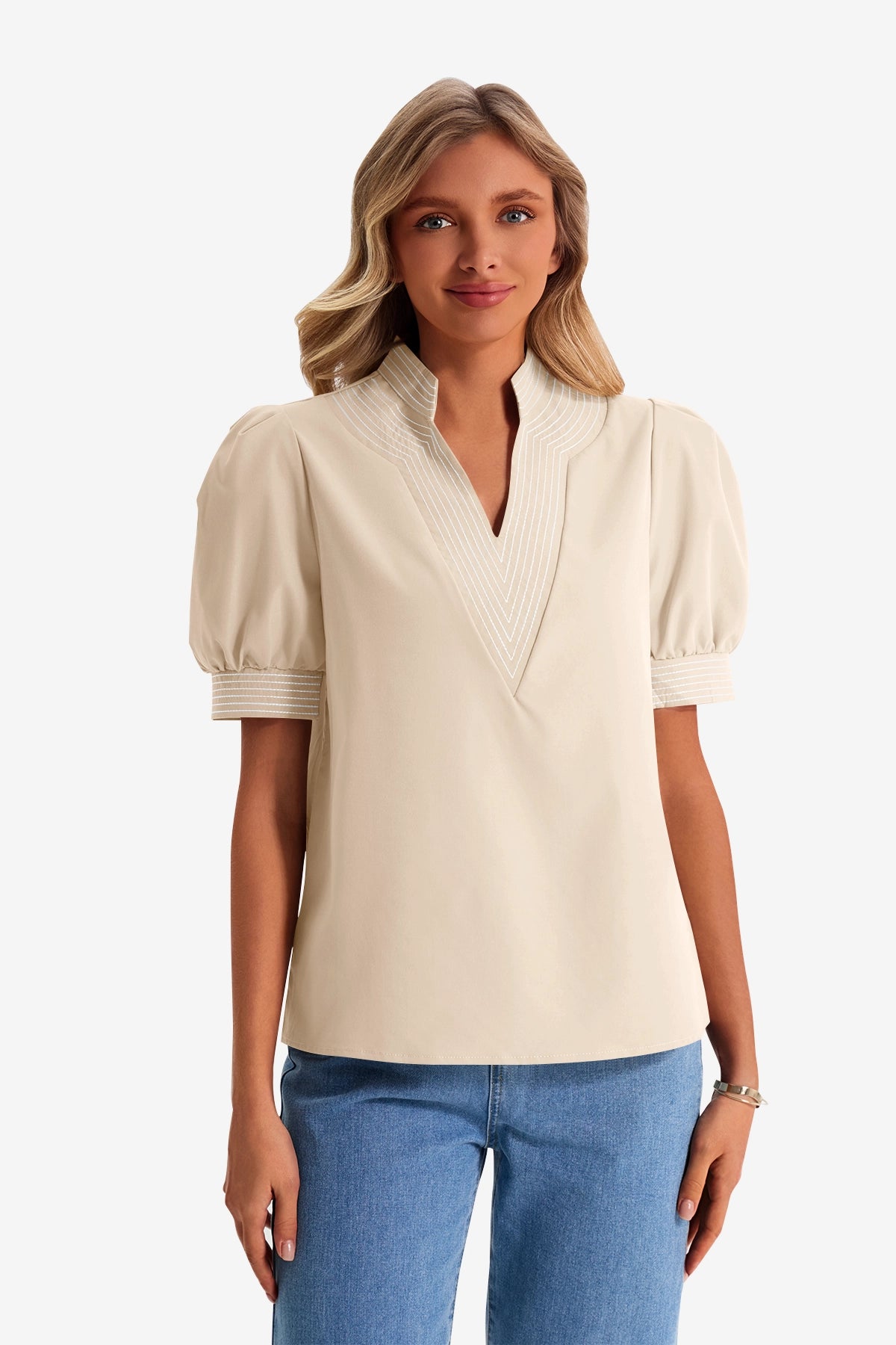 Womens Beige Puff Short Sleeve Blouses  | CicyBell