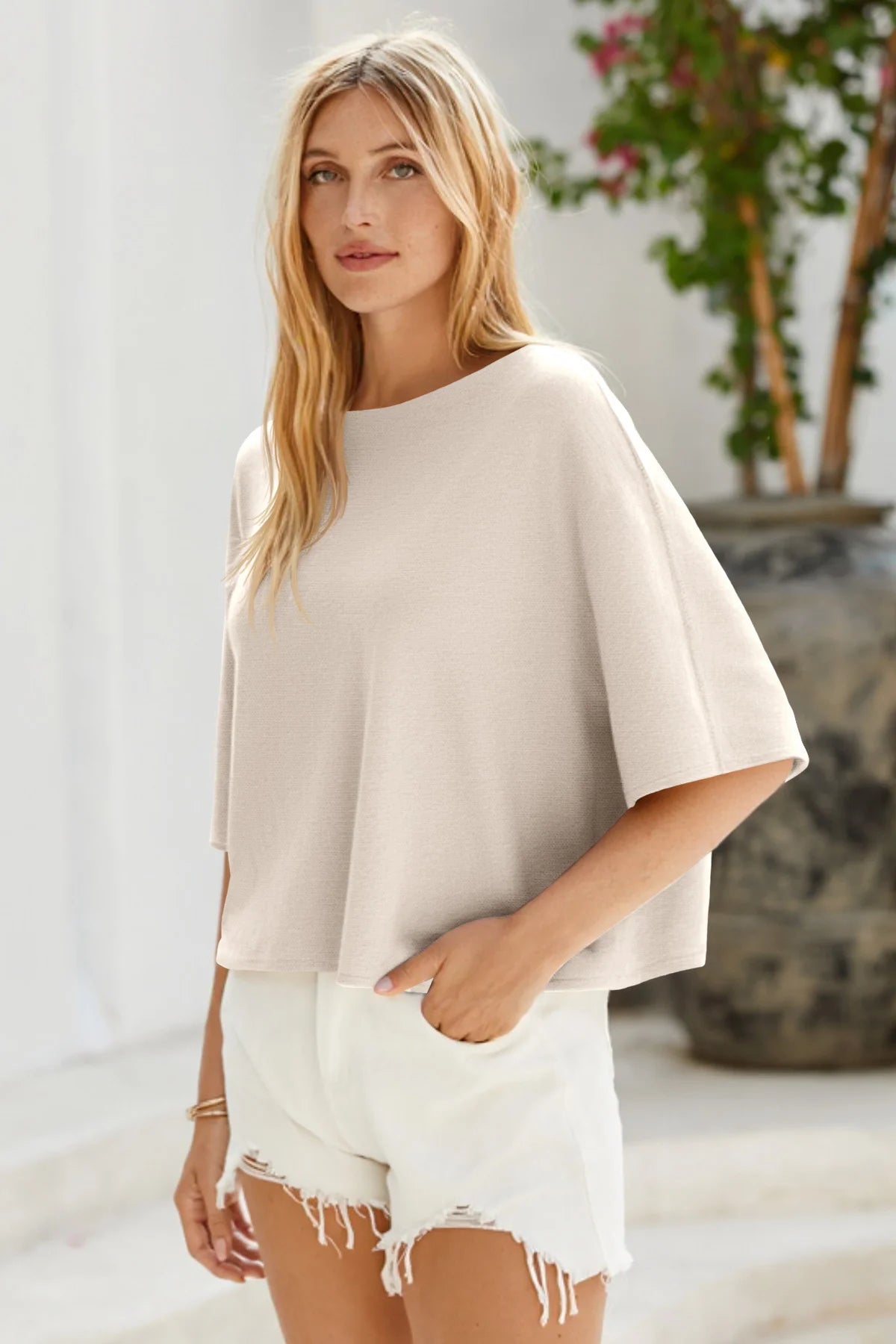 Cicy Bell Womens Beige Half Sleeve Sweaters