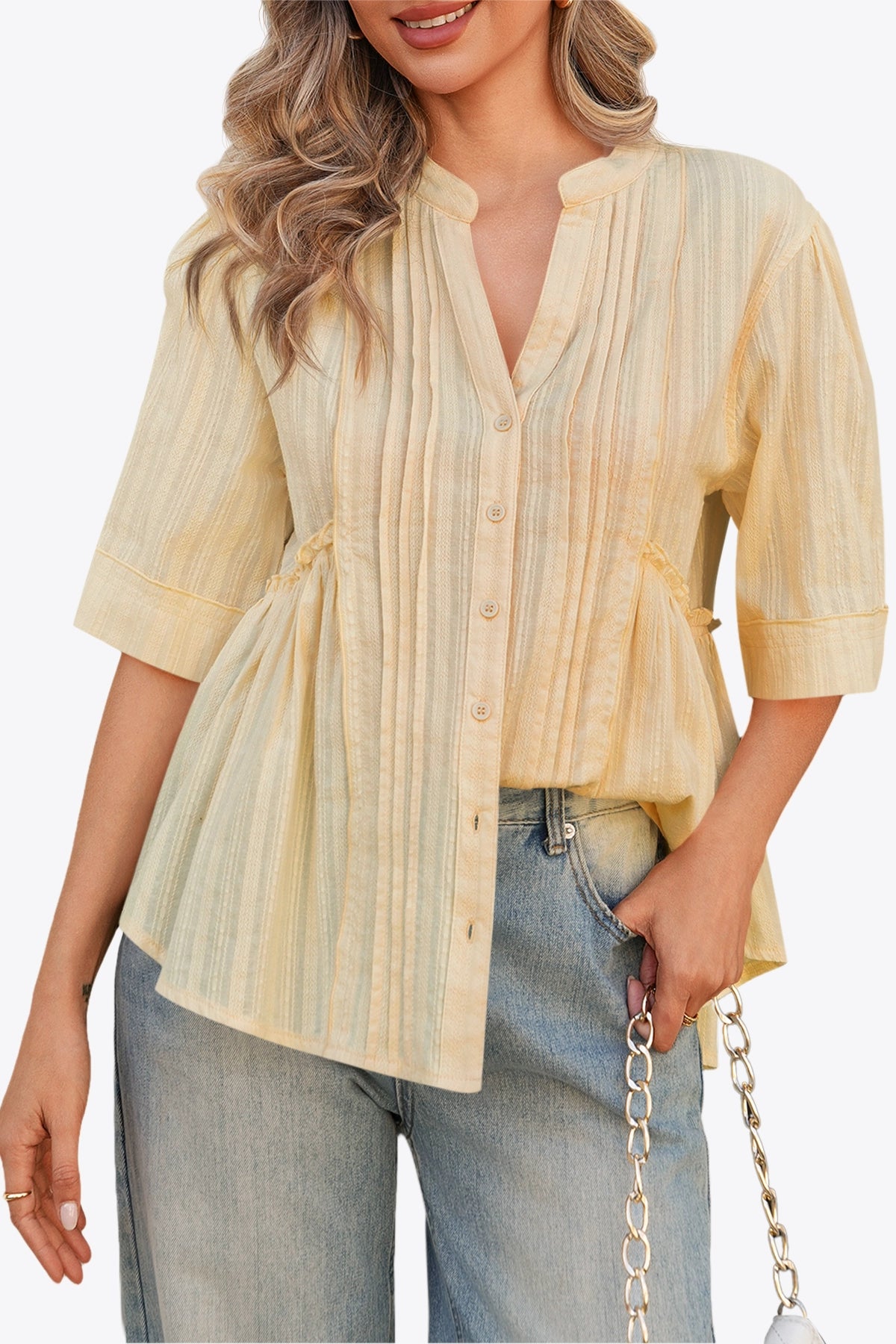Womens Beige Peplum Button Down Shirts | CicyBell