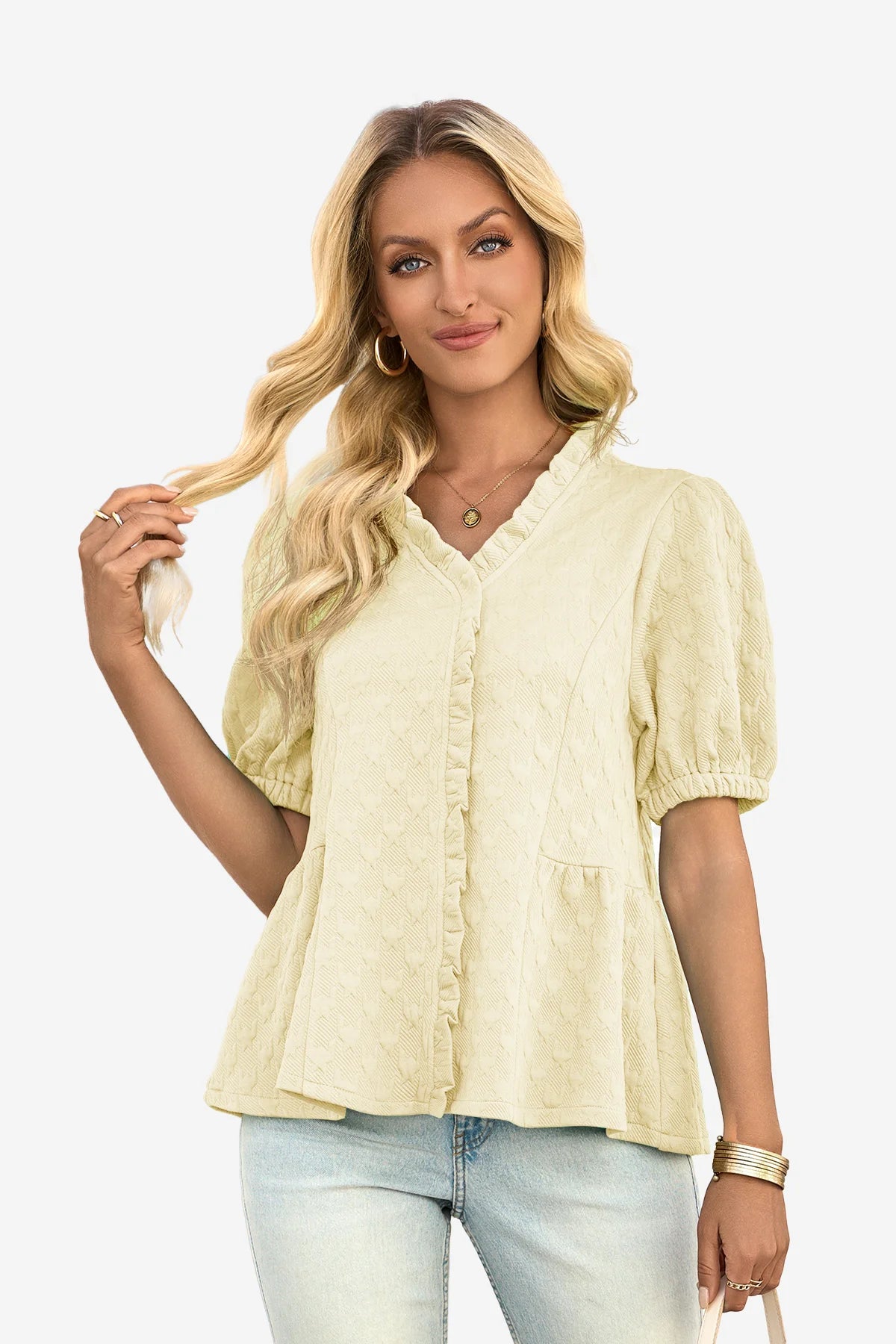 Wrinkle-Free Beige Peplum Blouse Textured Stretch | CicyBell