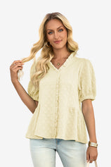 Wrinkle-Free Beige Peplum Blouse Textured Stretch | CicyBell