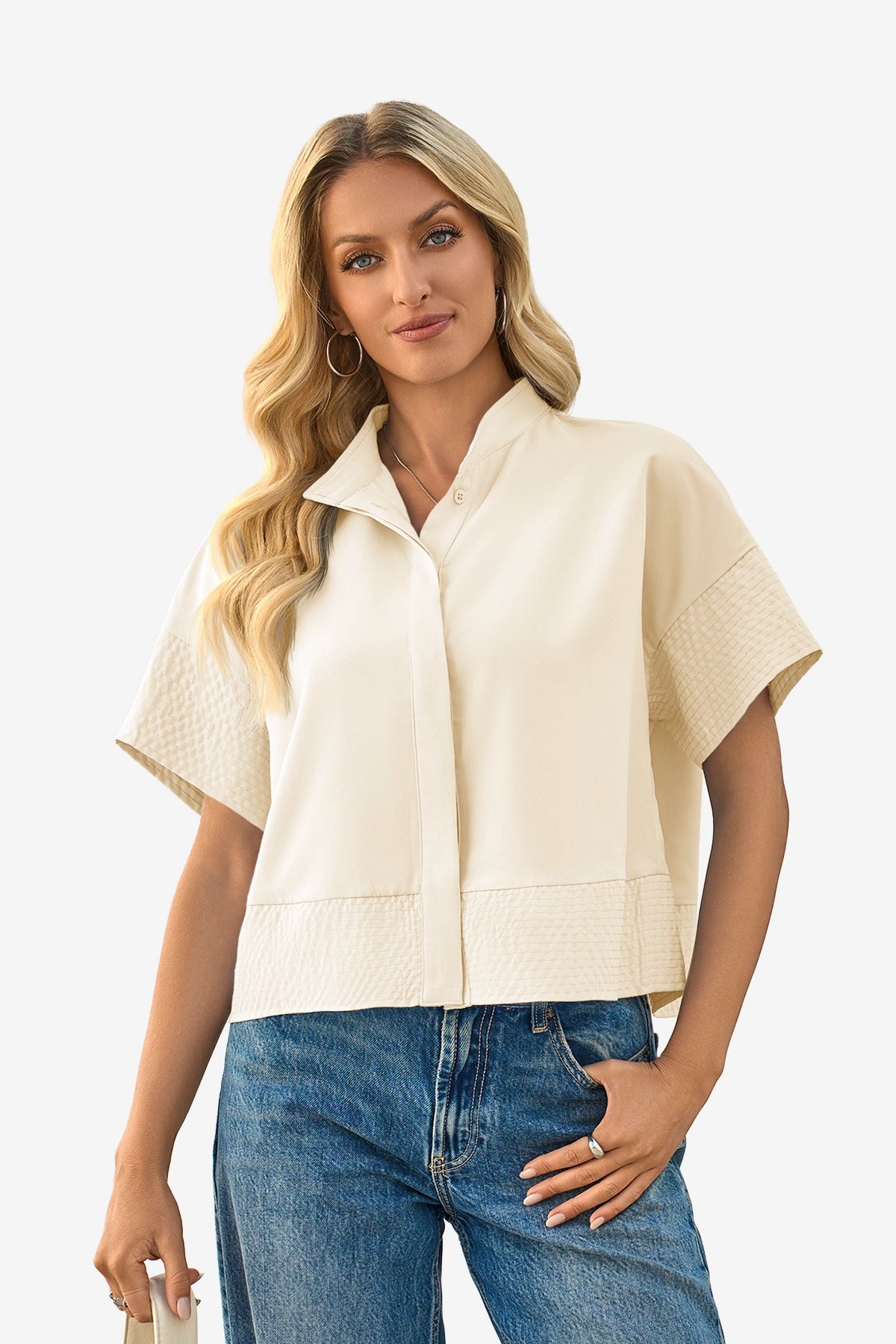 Womens Beige Cropped Short Sleeve Shirts| CicyBell