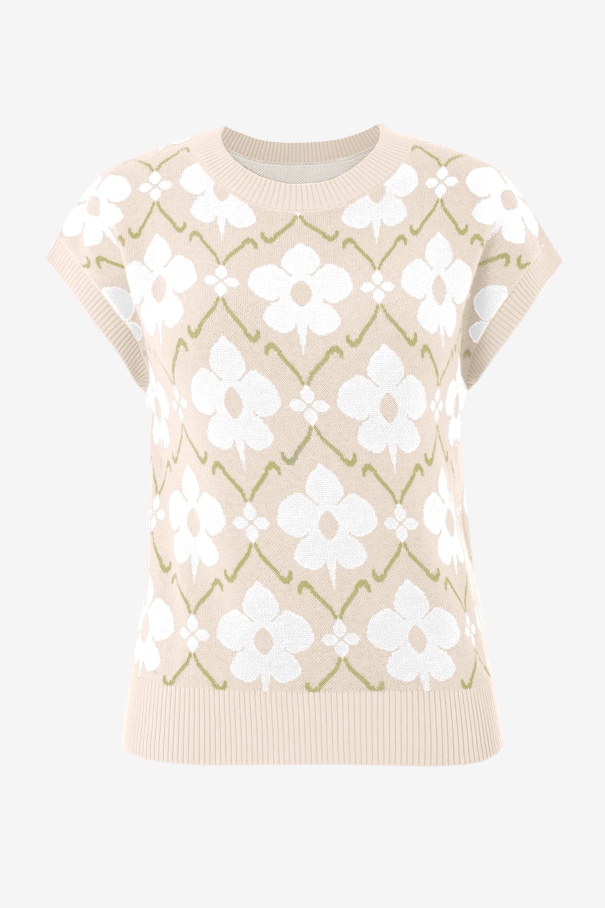 Womens Beige Floral Cap Sleeve Sweater Tops | CicyBell