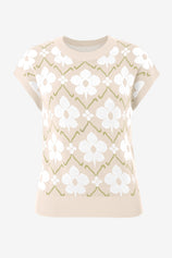 Womens Beige Floral Cap Sleeve Sweater Tops | CicyBell
