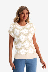 Womens Beige Floral Cap Sleeve Sweater Tops | CicyBell