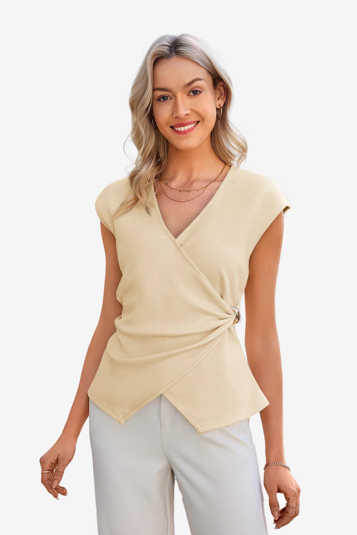 Womens Beige V Neck Wrap Tank Tops | CicyBell