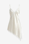 CicyBell Women's Beige Satin Lace Cami featuring a delicate lace trim and a trendy asymmetrical hem. This silky-smooth V-neck tank top offers an elegant, romantic look with a sexy backless design for date nights.