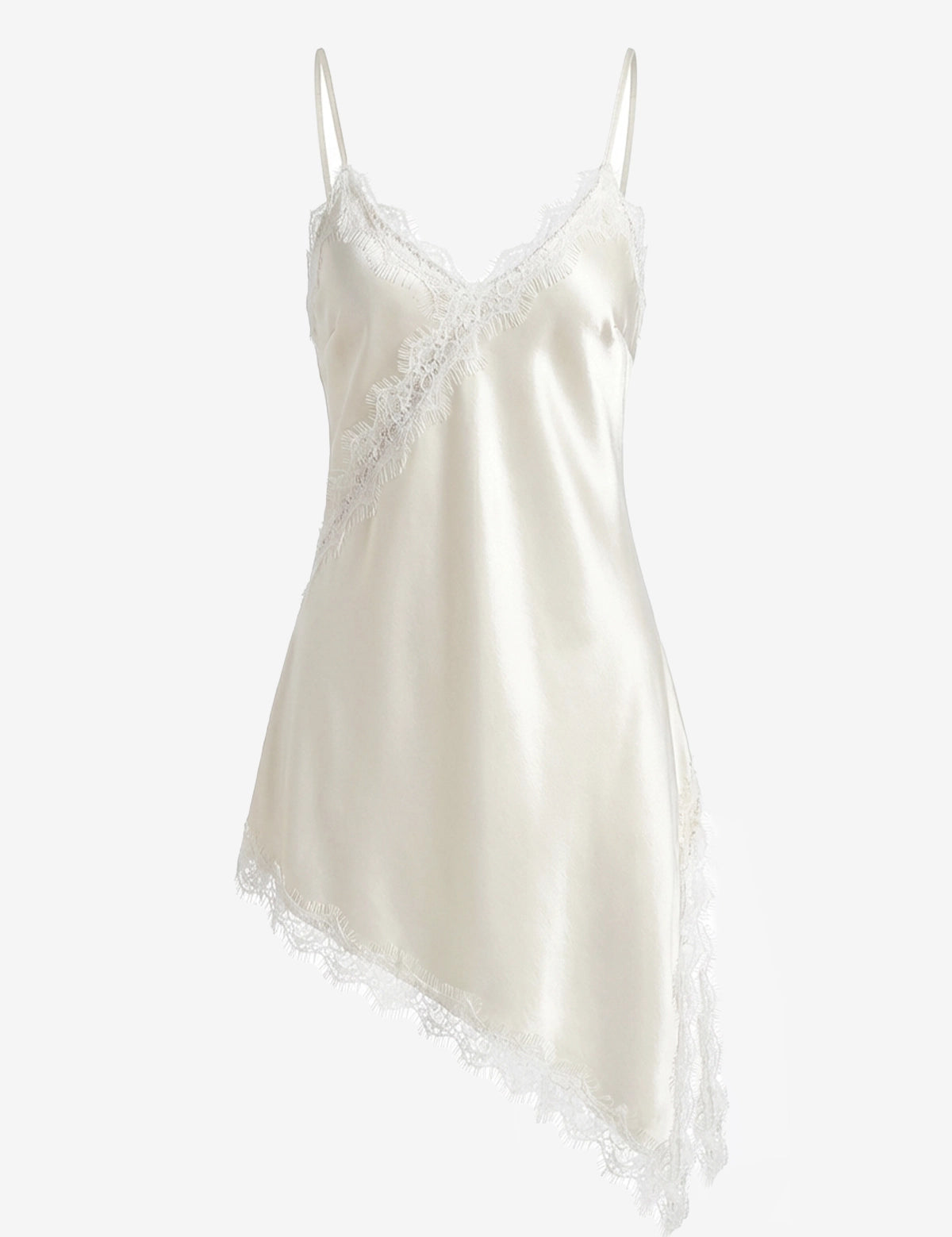CicyBell Women's Beige Satin Lace Cami featuring a delicate lace trim and a trendy asymmetrical hem. This silky-smooth V-neck tank top offers an elegant, romantic look with a sexy backless design for date nights.