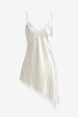 CicyBell Women's Beige Satin Lace Cami featuring a delicate lace trim and a trendy asymmetrical hem. This silky-smooth V-neck tank top offers an elegant, romantic look with a sexy backless design for date nights.