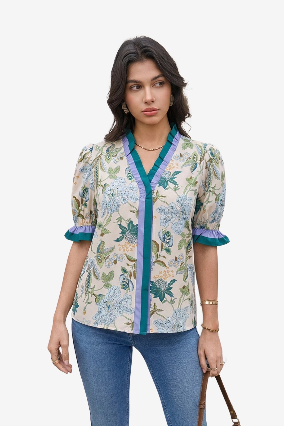 Womens Beige Floral Puff Short Sleeve Tops  | CicyBell