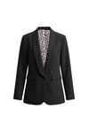 CicyBell Women's Black Business Casual Blazer with a chic shawl collar and leopard print lining. A professional model styles this open-front stretch work jacket with denim jeans and a white top for a modern office-to-evening look.
