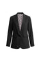 CicyBell Women's Black Business Casual Blazer with a chic shawl collar and leopard print lining. A professional model styles this open-front stretch work jacket with denim jeans and a white top for a modern office-to-evening look.
