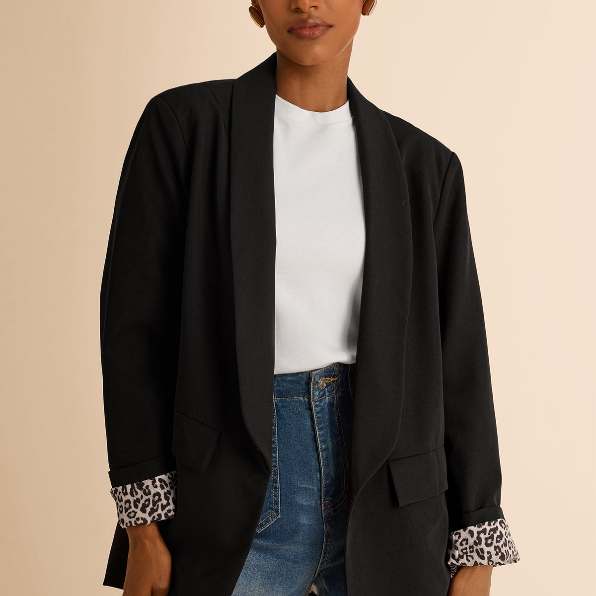 CicyBell Women's Black Business Casual Blazer with a chic shawl collar and leopard print lining. A professional model styles this open-front stretch work jacket with denim jeans and a white top for a modern office-to-evening look.