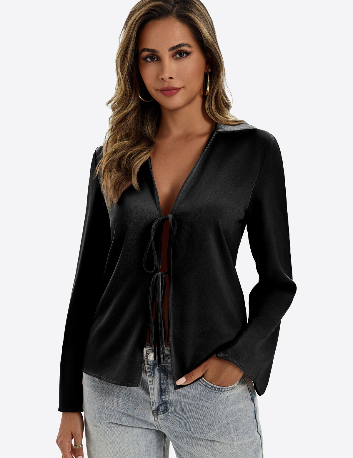 Cicy Bell Women's Satin Tie-Front Blouse featuring a deep V-neck and elegant long slit sleeves. This silky-smooth Y2K-inspired "going out" top offers an adjustable front tie for a perfectly customizable fit and luxury satin sheen.