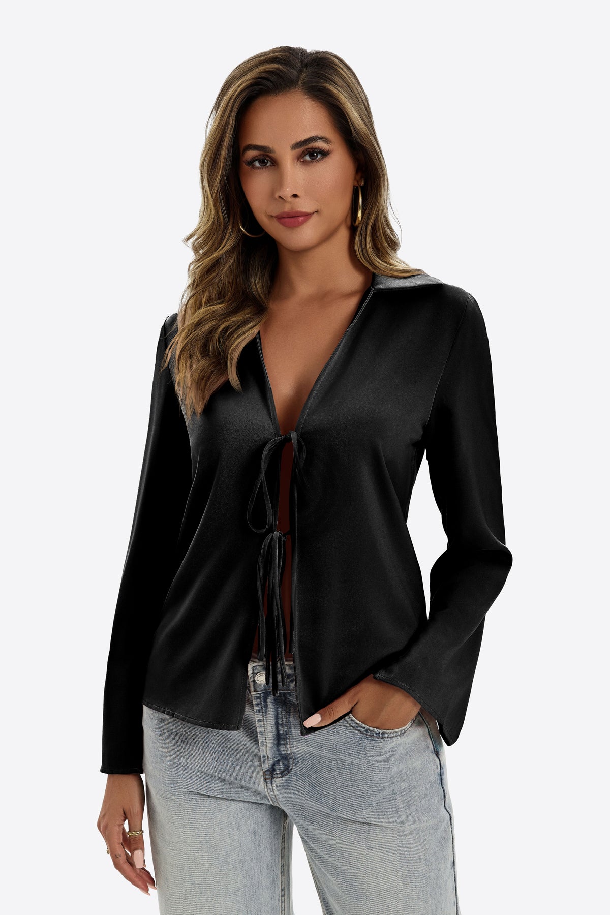 Cicy Bell Women's Satin Tie-Front Blouse featuring a deep V-neck and elegant long slit sleeves. This silky-smooth Y2K-inspired "going out" top offers an adjustable front tie for a perfectly customizable fit and luxury satin sheen.