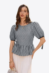 Womens Black Puff Sleeve Gingham Blouse | CicyBell