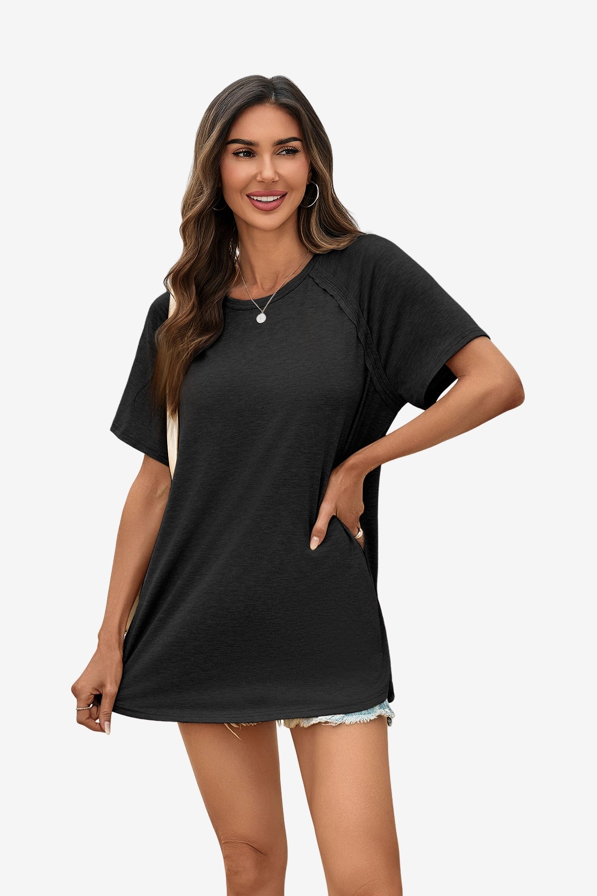 Wrinkle-Free Black Dolman Tee Stretch Side Slit | CicyBell