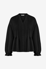 Wrinkle-Free Black Puff Sleeve Blouse Smocked Hem | CicyBell