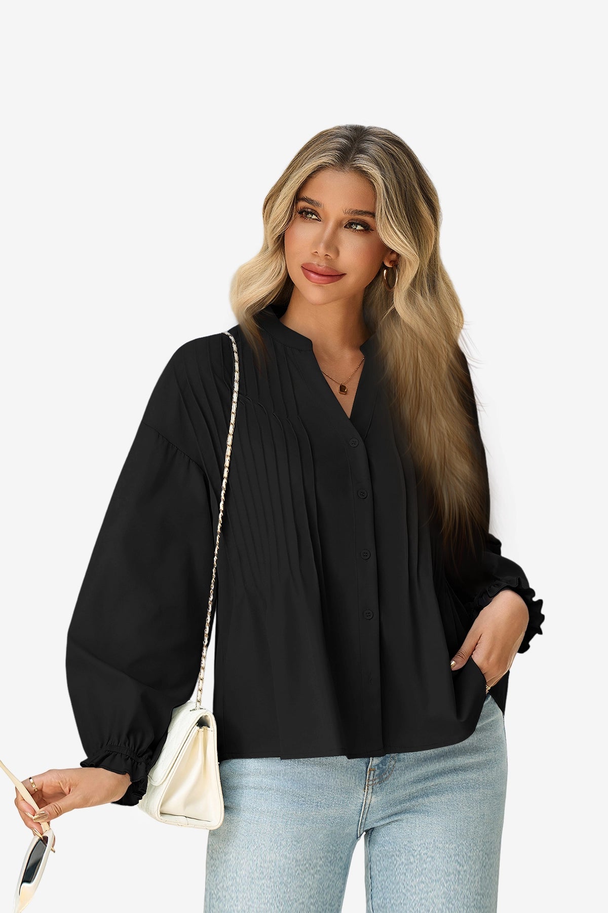 Wrinkle-Free Black Puff Sleeve Blouse Smocked Hem | CicyBell