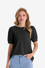 Womens Black Short Puff Sleeve Blouses | CicyBell