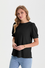Womens Black Short Puff Sleeve Blouses | CicyBell