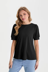 Womens Black Short Puff Sleeve Blouses | CicyBell