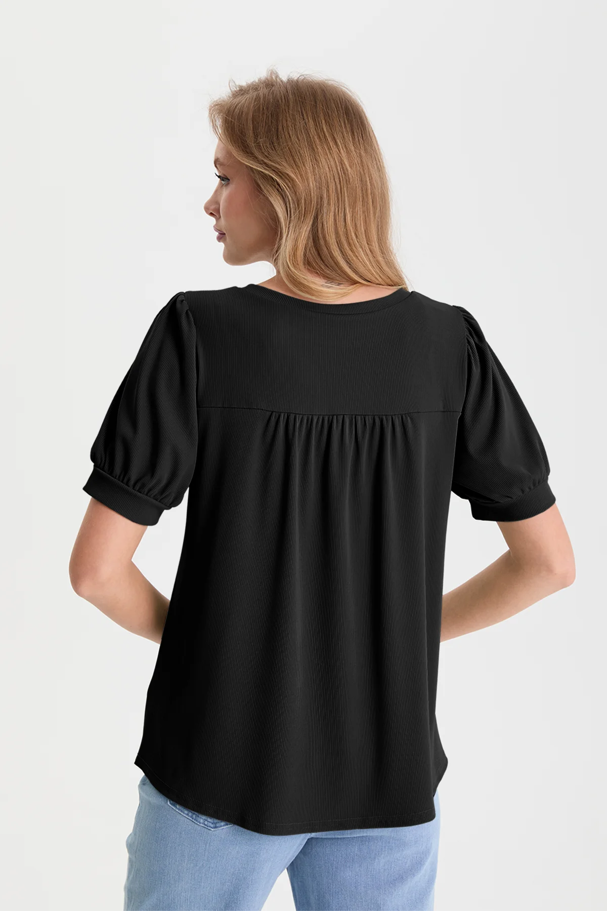 Womens Black Short Puff Sleeve Blouses | CicyBell