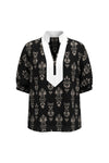 Cicy Bell Women's Boho Floral Blouse featuring a stylish patchwork V-neck and trendy puff half sleeves. This vibrant, loose-fit floral top offers an effortless breezy silhouette for office wear or weekend brunch.