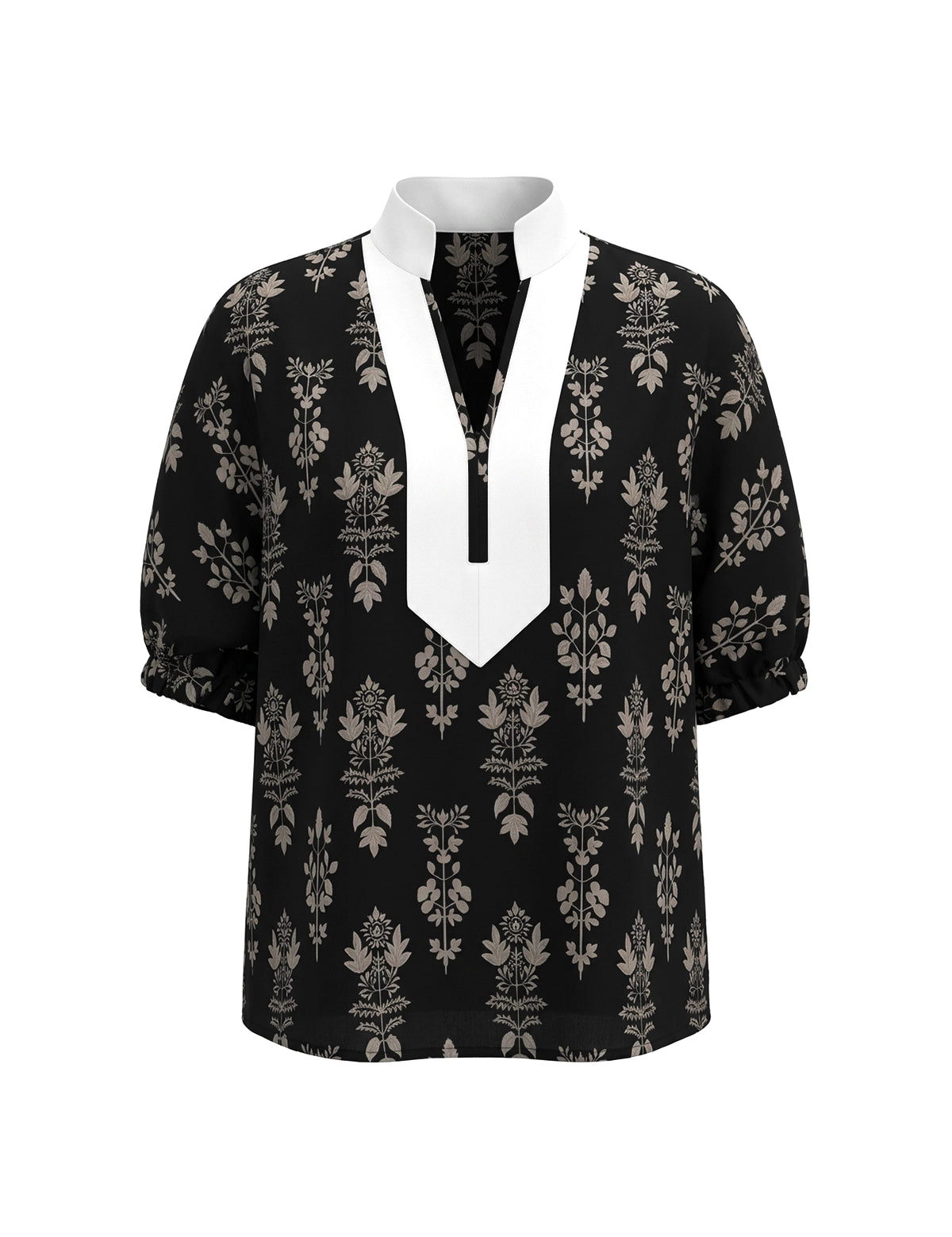 Cicy Bell Women's Boho Floral Blouse featuring a stylish patchwork V-neck and trendy puff half sleeves. This vibrant, loose-fit floral top offers an effortless breezy silhouette for office wear or weekend brunch.