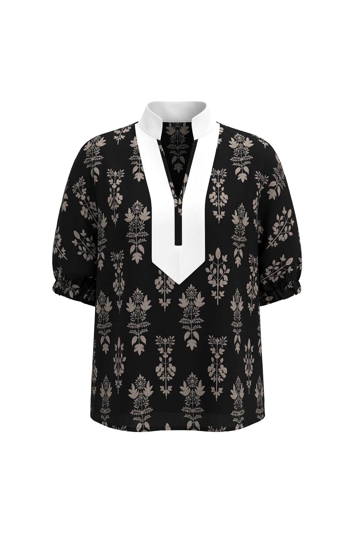 Cicy Bell Women's Boho Floral Blouse featuring a stylish patchwork V-neck and trendy puff half sleeves. This vibrant, loose-fit floral top offers an effortless breezy silhouette for office wear or weekend brunch.
