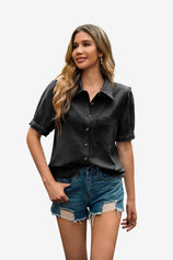 Womens Black Puff Short Sleeve Shirts | CicyBell