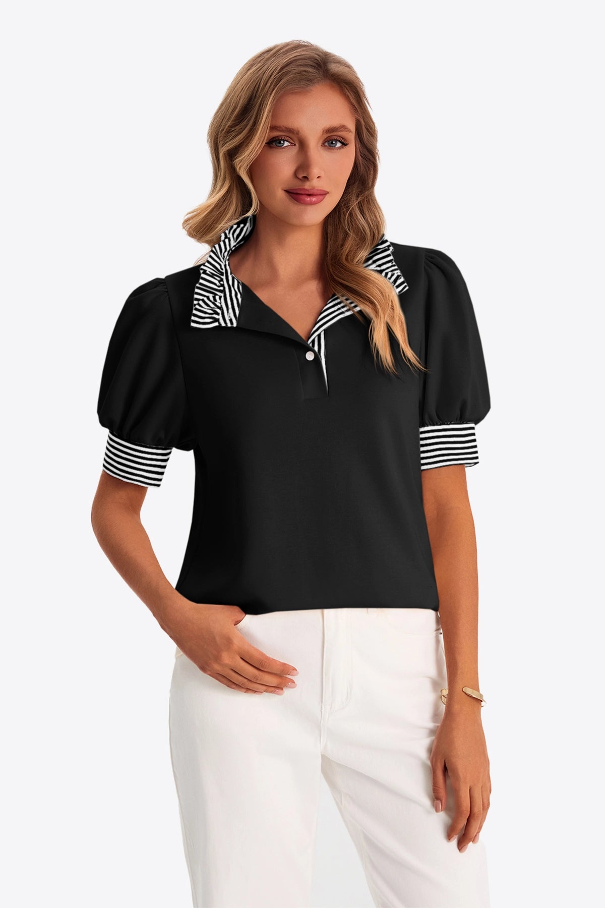 Womens Black Summer Puff Sleeve Blouses | CicyBell