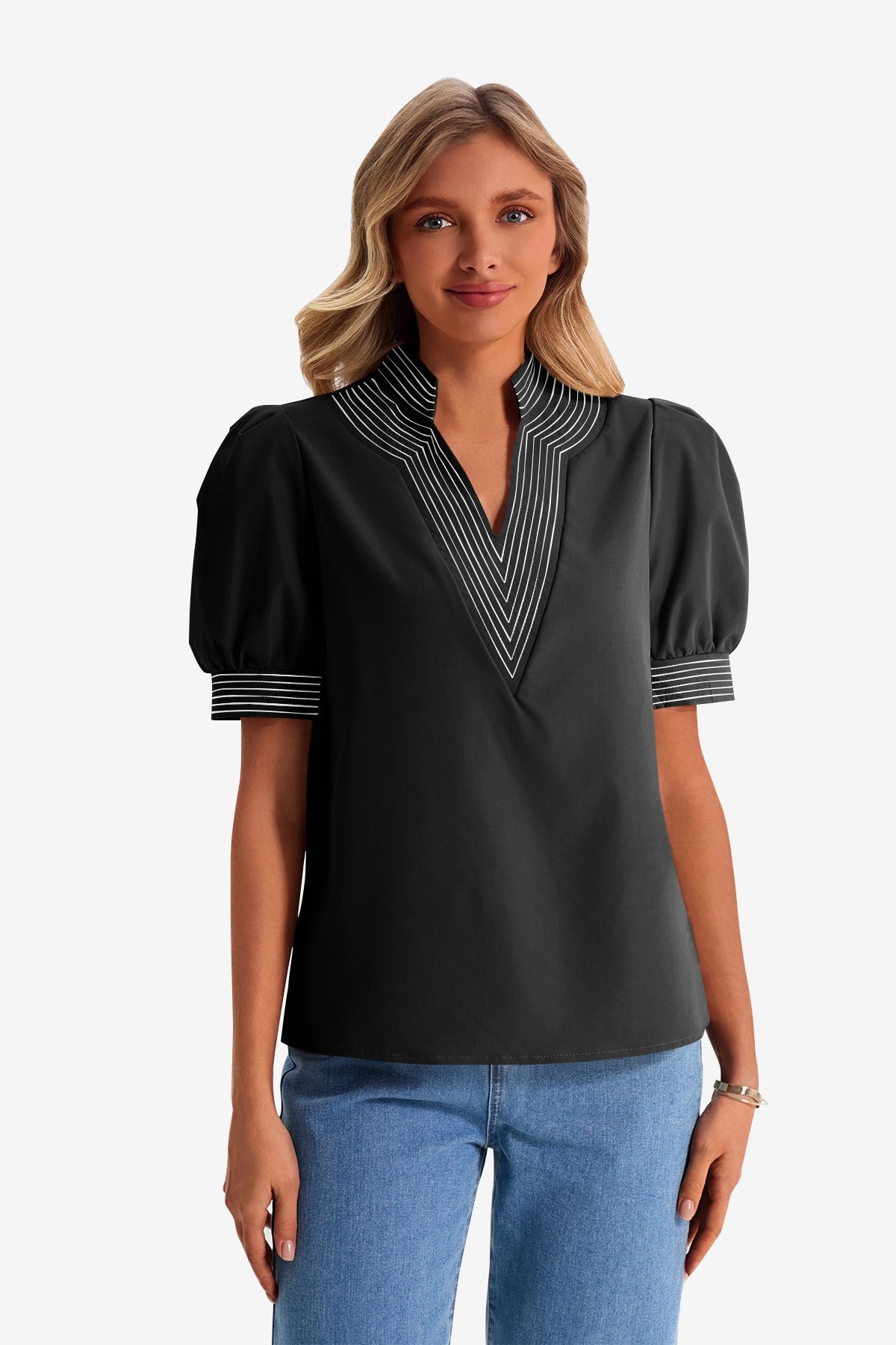 Womens Black Puff Short Sleeve Blouses | CicyBell