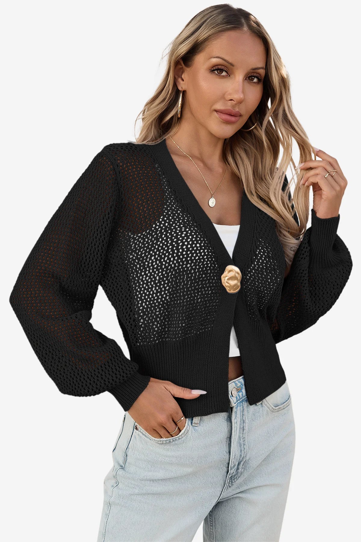 Cicy Bell Womens Black Cropped Crochet Cardigans