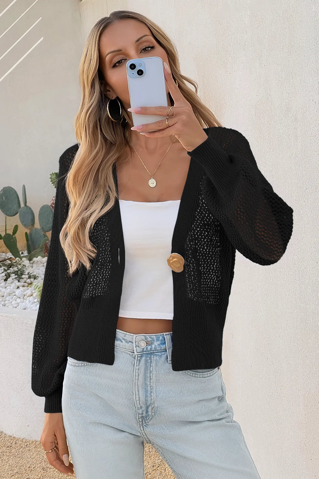 Cicy Bell Womens Black Cropped Crochet Cardigans