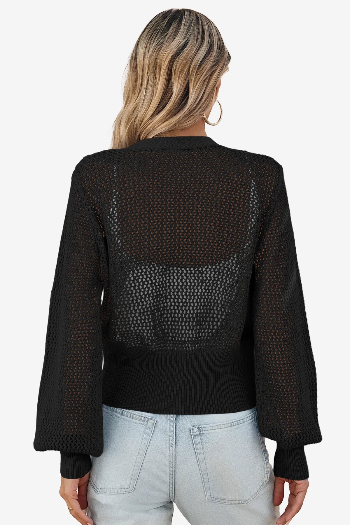 Cicy Bell Womens Black Cropped Crochet Cardigans